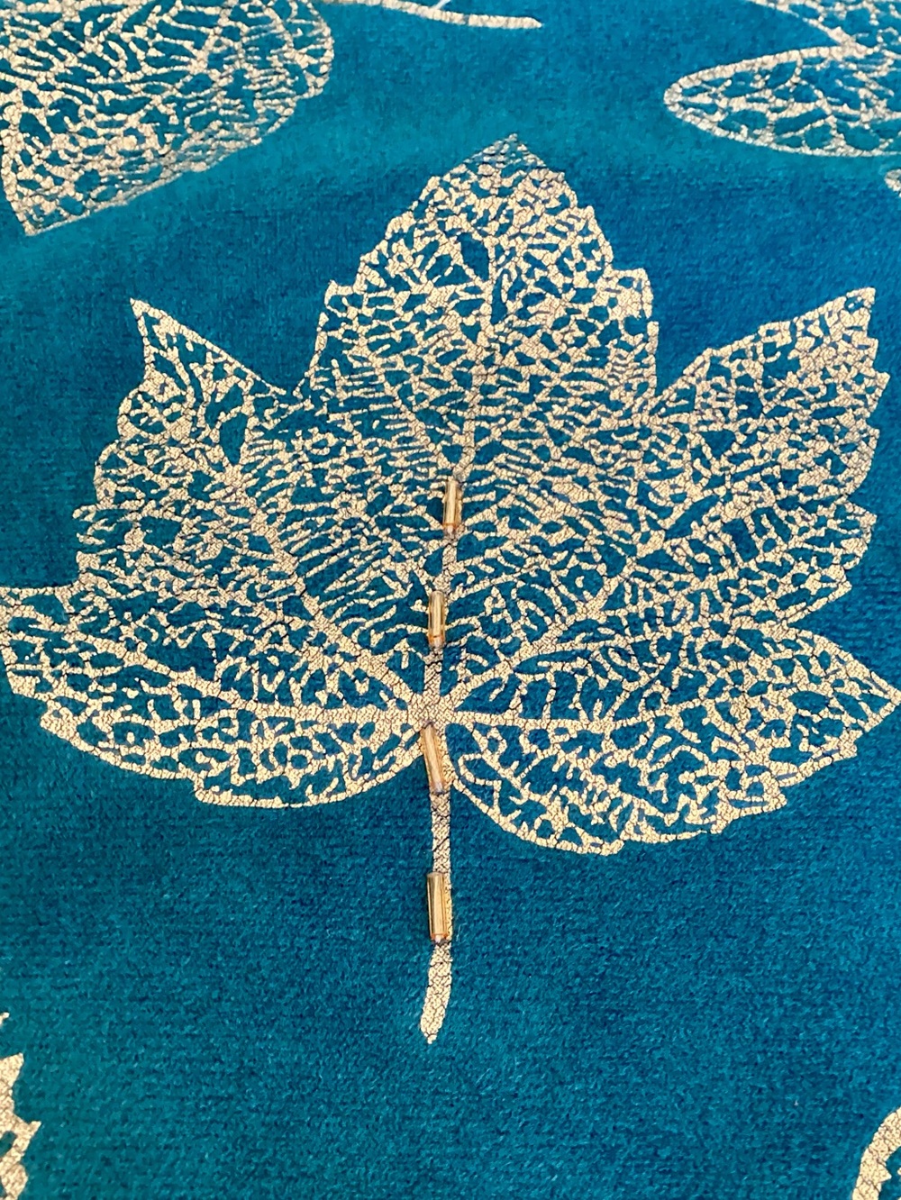 Teal & Gold Beaded Autumn Leaves Table Runner 6’ Long Velvet & Silk Type Fabric - Picture 4 of 6